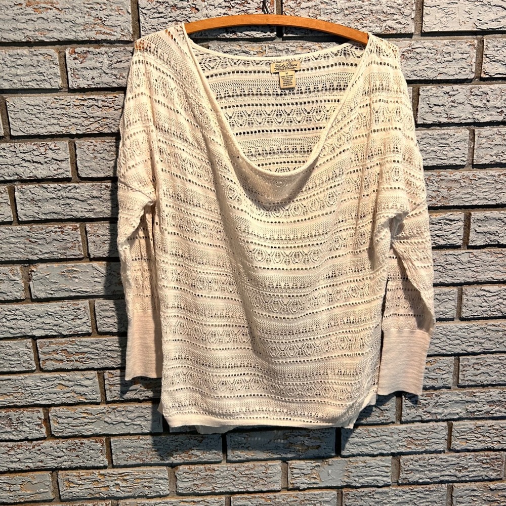 Lucky Brand Women Cream Open Knit Pointelle Sweater Ivory Boho Crochet Pullover